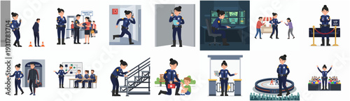 Flat Woman Security Officer Character Illustration In Various Activity Poses Set
