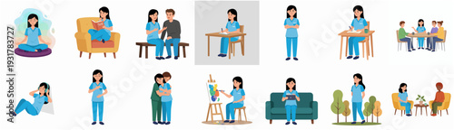 Cartoon Diverse Nurse in Various Poses and Activities Illustration Set