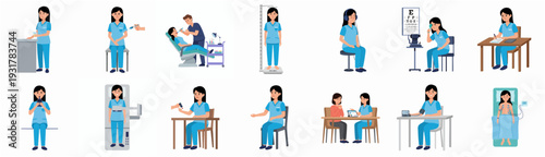 Cute Flat Style Various Nurse Activity in Hospital Profession Character