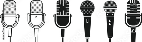 Black vector illustration set of vintage and modern microphones, audio technology icons, music broadcasting equipment, sound recording design collection