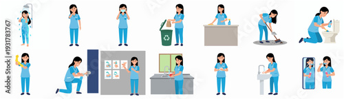 Flat Design Nurse Character Doing Different Activities Healthcare Illustration