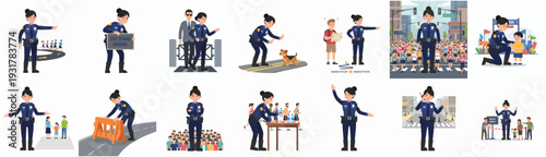 Cartoon Style Diverse Police Officer Woman Character Doing Various Activities Illustration