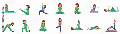 Diverse Flat Illustration of Woman Practicing Various Yoga Poses and Stretching