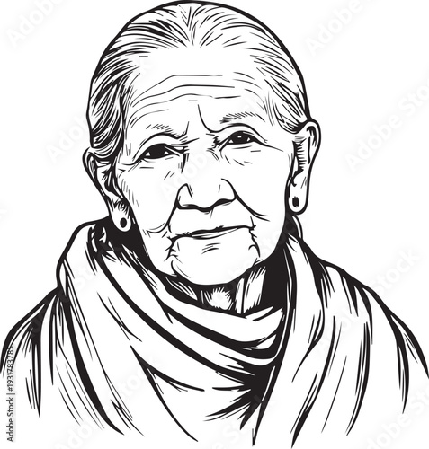 Old Woman Black and White Avatar Illustration in Minimal Line Art Style Design