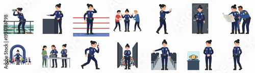 Stylized Detailed Woman Police Officer Actions and Activities Illustration Set
