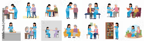 Flat Illustration of Caregiver Assist Senior People with Daily Activities