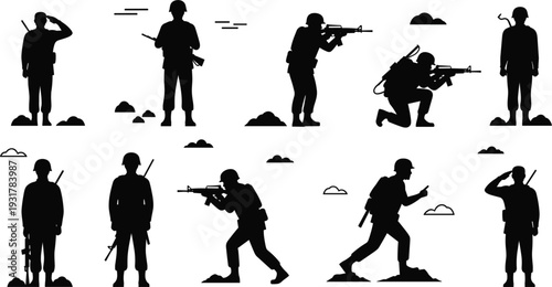 Military Soldier Silhouette Vector Icon Set Featuring Infantry Troops in Combat Poses, Saluting, Standing Guard, and Tactical Movements for Army and Patriotic Designs