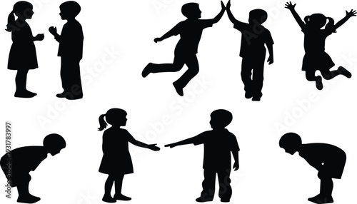 Black Silhouette Set Of Children Playing Together Featuring High Five Jumping Shaking Hands And Bowing Poses Isolated On White Background
