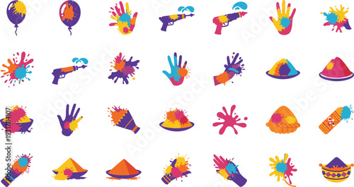 Vibrant Holi festival icons with colorful paint splatters and powders