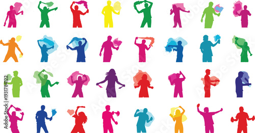 Vibrant silhouettes of people celebrating and expressing joy in colorful dynamic poses