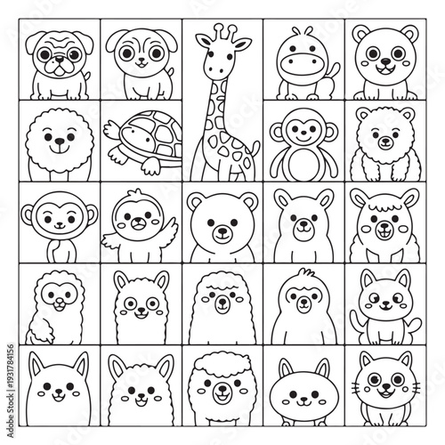 A grid of 24 black and white line featuring a variety of animals including cats, dogs, a giraffe, turtle, monkey, bear, sheep, alpaca, hamster, and rabbit, each depicted in a cute and stylized manner