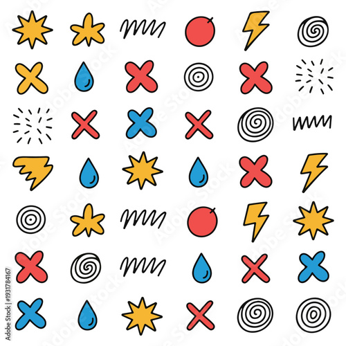 A collection of colorful cartoon arranged in a grid pattern featuring stars, water drops, lightning bolts, swirls, and crosses in various colors including yellow, blue, red, black, and white