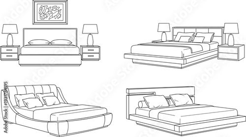 Modern Bedroom Furniture Set Illustrations Featuring Minimalist Platform Beds, Contemporary Headboards, Nightstands, Lamps, and Interior Design Sketch Concepts for Architectural Layouts