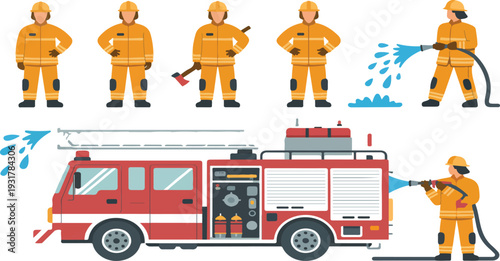 Firefighter Team with Fire Truck and Water Hose Rescue Service Vector Illustration Set
