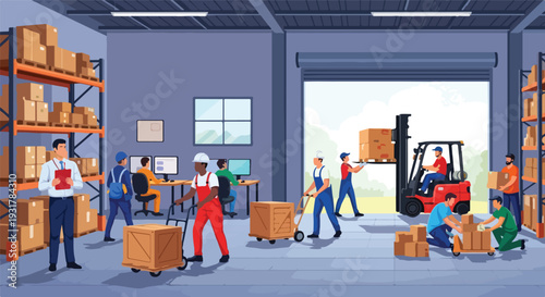 Busy Warehouse Logistics and Distribution Center Vector Illustration