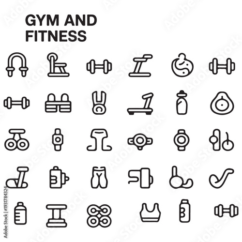 gym featuring black and white representing various gym and fitness equipment and activities dumbbells. Scalable various applications