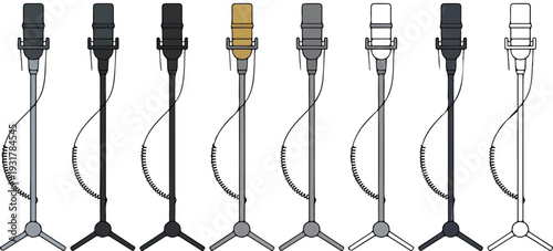 Studio Microphone Vector Illustration Set Featuring Professional Condenser Mics on Stands for Podcast, Music Production and Broadcasting