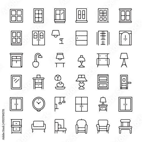 A set of minimalist black and white line depicting various windows, doors, furniture pieces, and household such as lamps, chairs, tables, and cabinets. The are simple and clean, interior and home