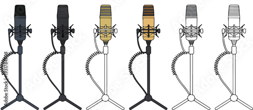 Studio Microphone Vector Illustration Set Featuring Professional Condenser Mics on Stands for Podcast, Music Production and Broadcasting