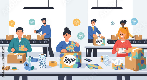 People working in a packaging and shipping factory with conveyor belts