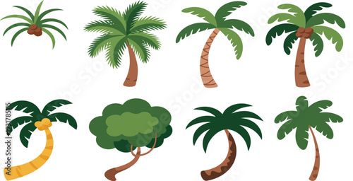 Palm Tree Vector Illustration Set Featuring Tropical Coconut Trees in Different Shapes, Styles and Angles for Summer and Travel Designs