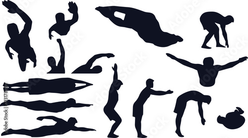 Black Silhouette Set Of Swimmers And Divers Featuring Various Swimming Strokes Diving Poses And Action Movements Isolated On White Background