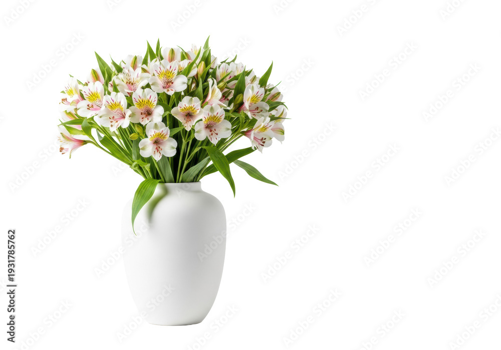 Obraz premium Elegant white flowers with pink centers and vibrant green stems in a smooth matte ceramic vase, ultra-photorealistic studio product display on white. Minimalist decorative concept