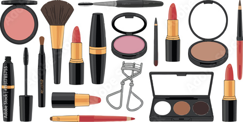 Makeup and Cosmetic Products Vector Illustration Set Featuring Lipstick, Blush, Powder, Brushes, Eyeshadow Palette, Mascara and Beauty Accessories