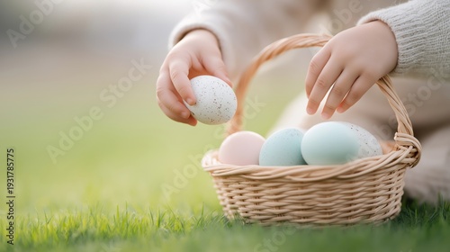 Easter egg hunt, child hands place pastel eggs into wicker basket on grass. Spring celebration, family tradition, agriculture concept, seasonal retail marketing