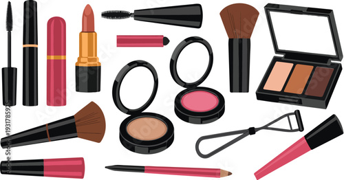 Makeup and Cosmetic Products Vector Illustration Set Featuring Lipstick, Blush, Powder, Brushes, Eyeshadow Palette, Mascara and Beauty Accessories