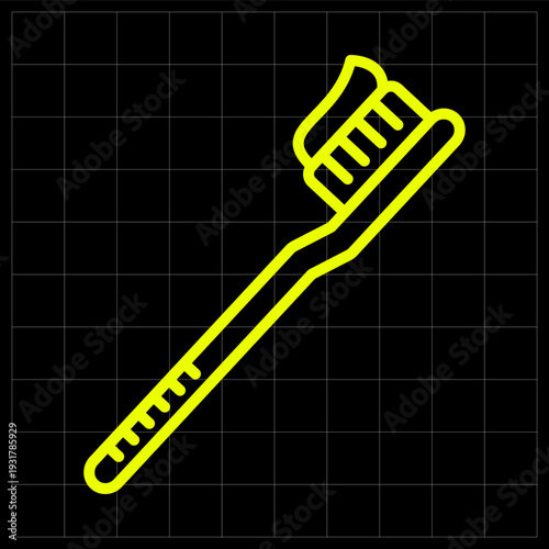 Manual Toothbrush with Paste Icon for Dental Care and Oral Hygiene. Sleek neon yellow toothbrush icon perfect for dental clinic logos or healthcare mobile apps