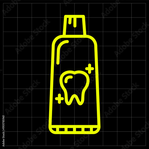 Tube of Toothpaste Icon with Dental Symbol for Complete Teeth Protection. Glowing line art of a toothpaste tube for oral health blogs or bathroom supply icons