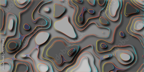 Topographic map inspired abstract background with layered contours and vibrant neon edge lighting in shades of blue, orange, and yellow creating a futuristic and dimensional visual effect