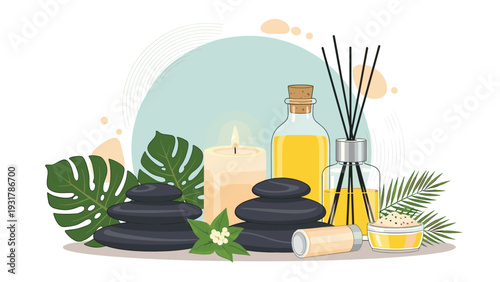 Relaxing spa setup with massage stones, essential oils, incense sticks, a lit candle, and tropical leaves for wellness.