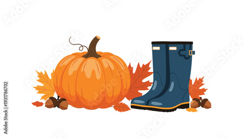 Autumn-themed display featuring a large orange pumpkin, colorful fall leaves, acorns, and a pair of blue rubber boots.