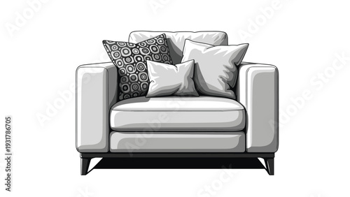 Modern gray upholstered armchair with decorative patterned and plain cushions isolated on a white background.