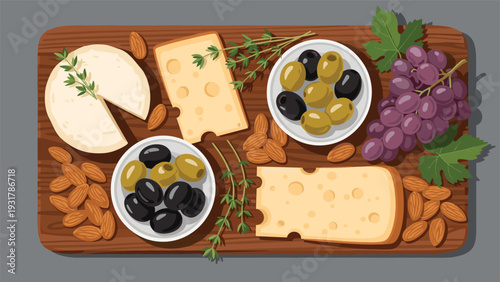 Delicious appetizers board featuring varieties of cheese, olives, almonds, grapes, and fresh herbs on a wood surface.