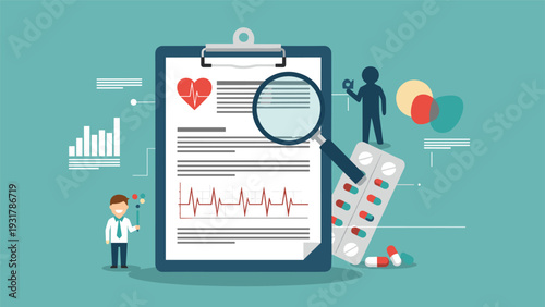 Medical healthcare concept featuring a clipboard with patient records, pills, and a magnifying glass for analysis.