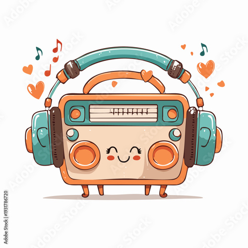 A cute cartoon radio with headphones and a happy face, surrounded by musical notes and hearts, in a cheerful illustration style.