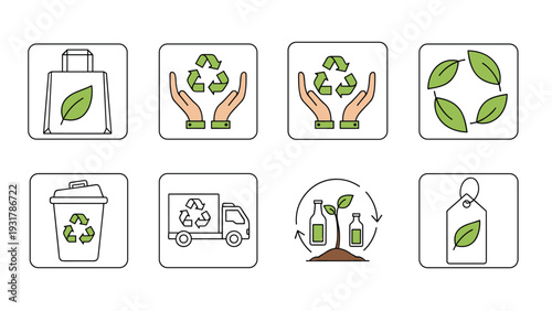 Minimalist eco-friendly icons representing sustainable living, recycling, and nature conservation in a clean line style.