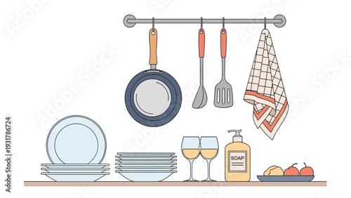 Organized kitchen workspace with cooking utensils hanging on a rack and clean dishes stacked on the counter below.