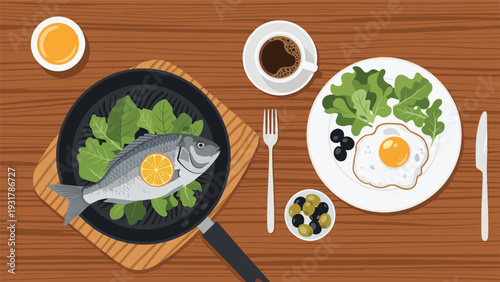 Nutritious breakfast or lunch meal featuring grilled fish, a fried egg, salad, olives, and coffee on a wooden table.