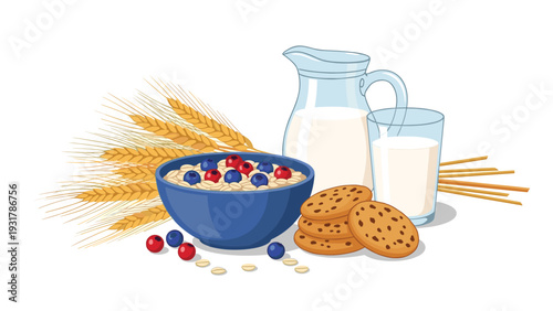 Healthy breakfast setting with a bowl of oatmeal, fresh berries, cookies, and a pitcher of milk with wheat stalks.