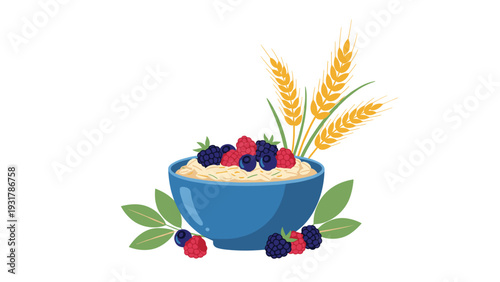 Bowl of healthy oatmeal porridge topped with fresh blueberries, raspberries, and blackberries with wheat stalks.