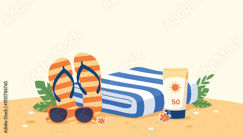 Summer vacation essentials including flip-flops, sunglasses, a striped towel, and sunscreen on a sandy beach.
