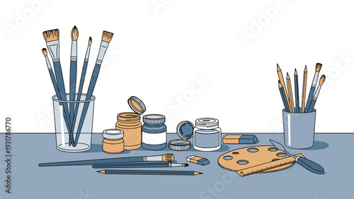Artist workspace with various paint brushes in jars, paint containers, pencils, and a palette on a blue table.