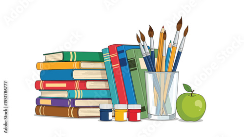 Educational or art concept with stacks of colorful books, a jar of paintbrushes, pencils, and a green apple.