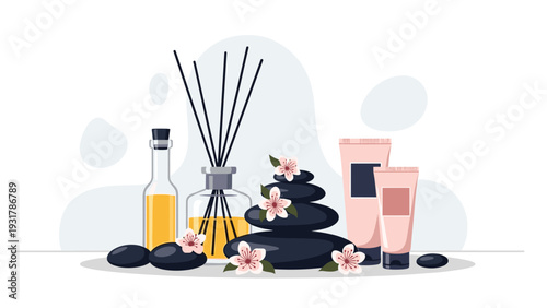 Relaxing spa treatment set features essential oils and aromatic candles with black massage stones and delicate pink flowers.