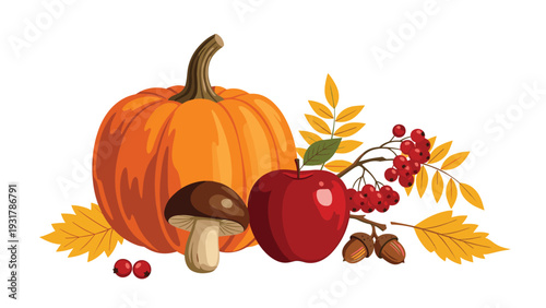 Colorful autumn still life with a large pumpkin, red apple, mushroom, acorns, and dry fall leaves on white.