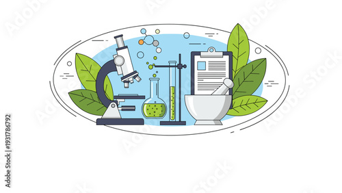 Scientific and medical research illustration with a microscope, lab glassware, clipboard, and green leaves in an oval.